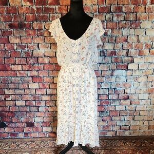 Lucky Brand Boho Cream Floral Dress L Flutter Sleeves High Low